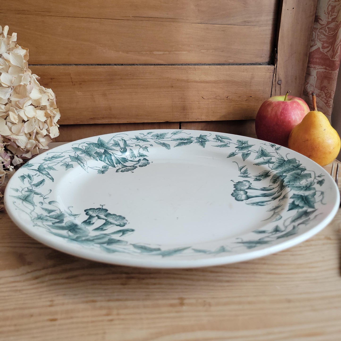 Large Green Transferware Platter, Creil et Montereau ‘Liseron’