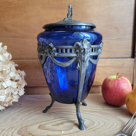 Antique Glass Cache pot with faceted blue glass and pewter mount France c 1900