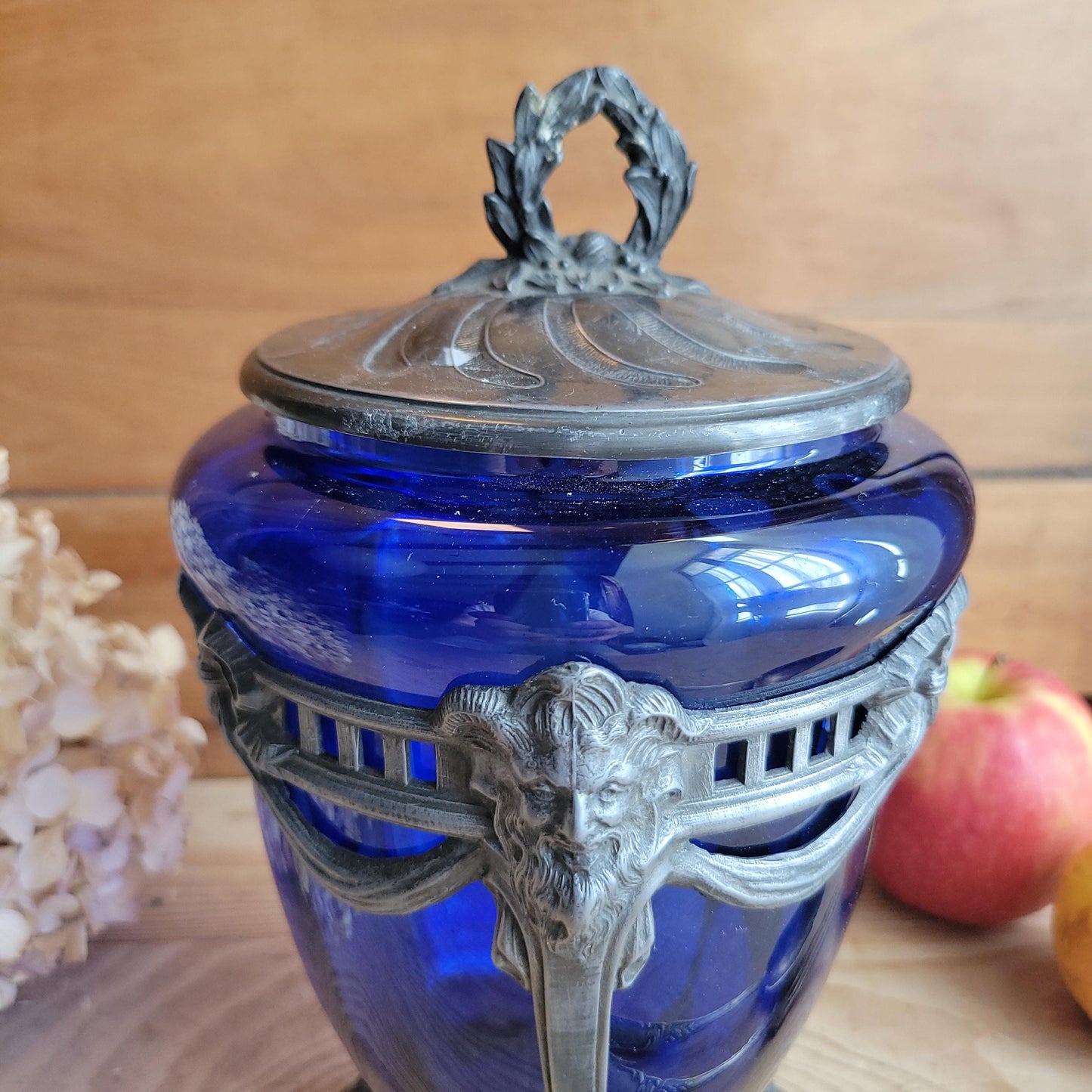 Antique Glass Cache pot with faceted blue glass and pewter mount France c 1900