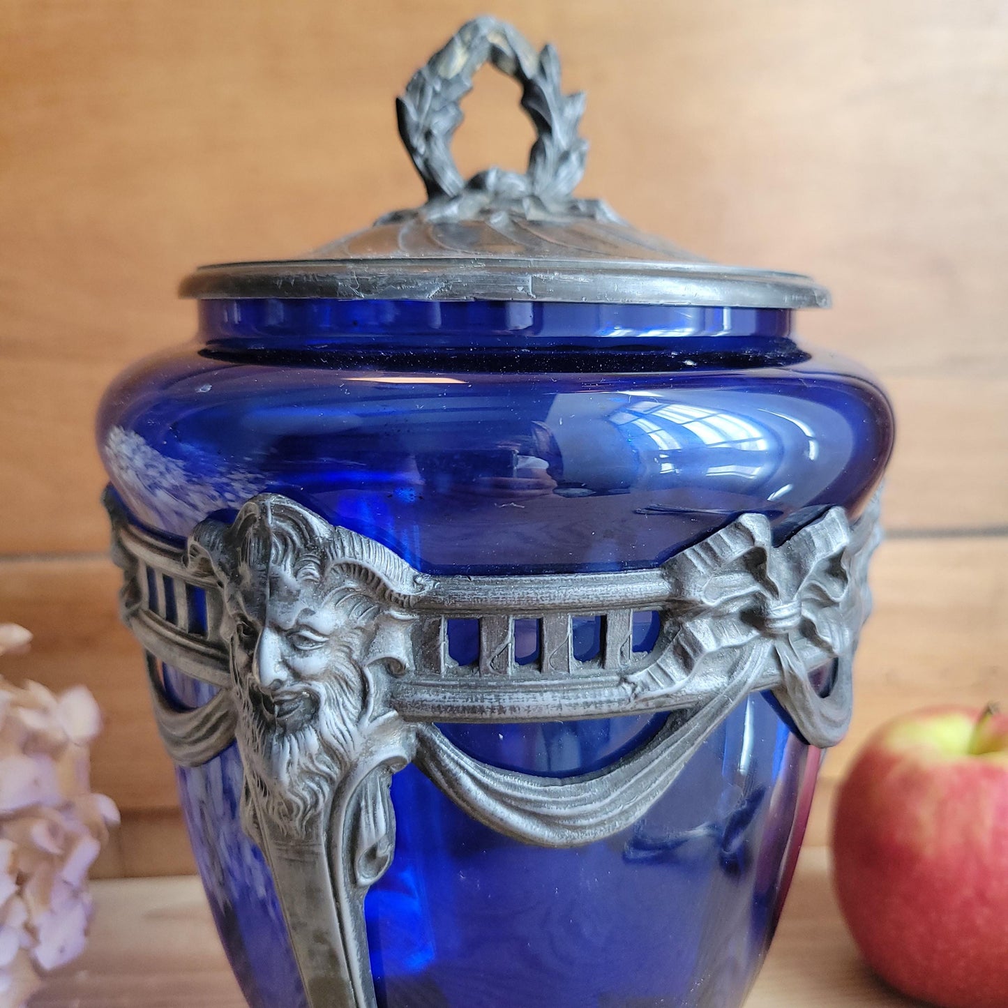 Antique Glass Cache pot with faceted blue glass and pewter mount France c 1900