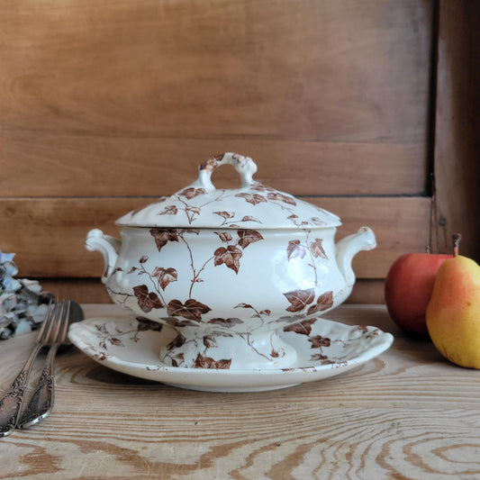 Antique Saucière with Lid, Brown Transferware Ivy Pattern, Creil et Montereau France c1890