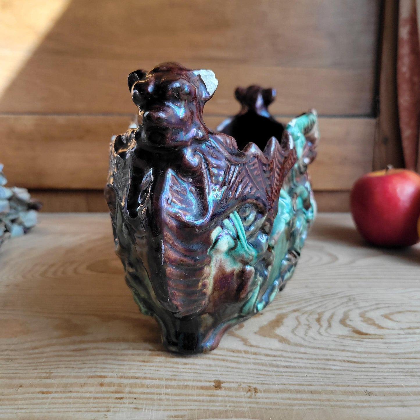 Majolica Jardinière with Brown and Green Glaze and Figural Decoration, France c.1900