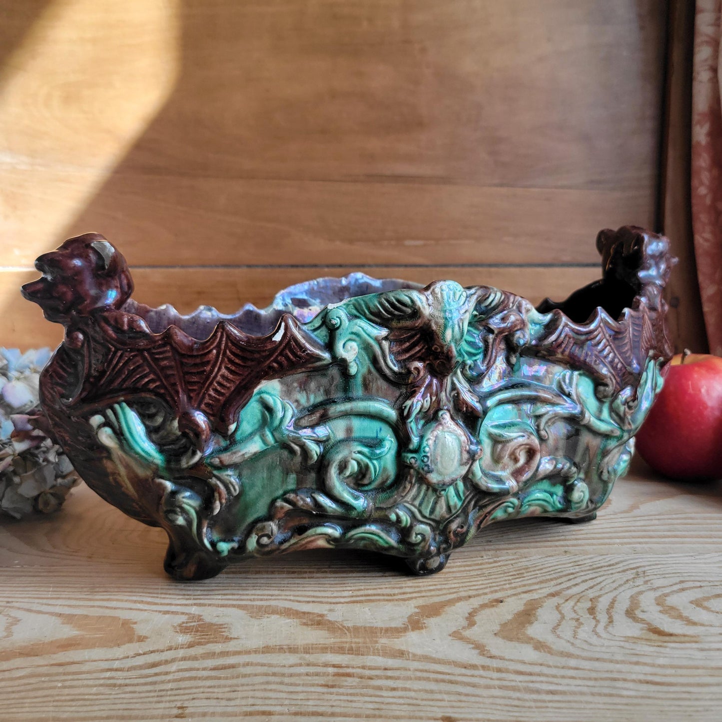 Majolica Jardinière with Brown and Green Glaze and Figural Decoration, France c.1900