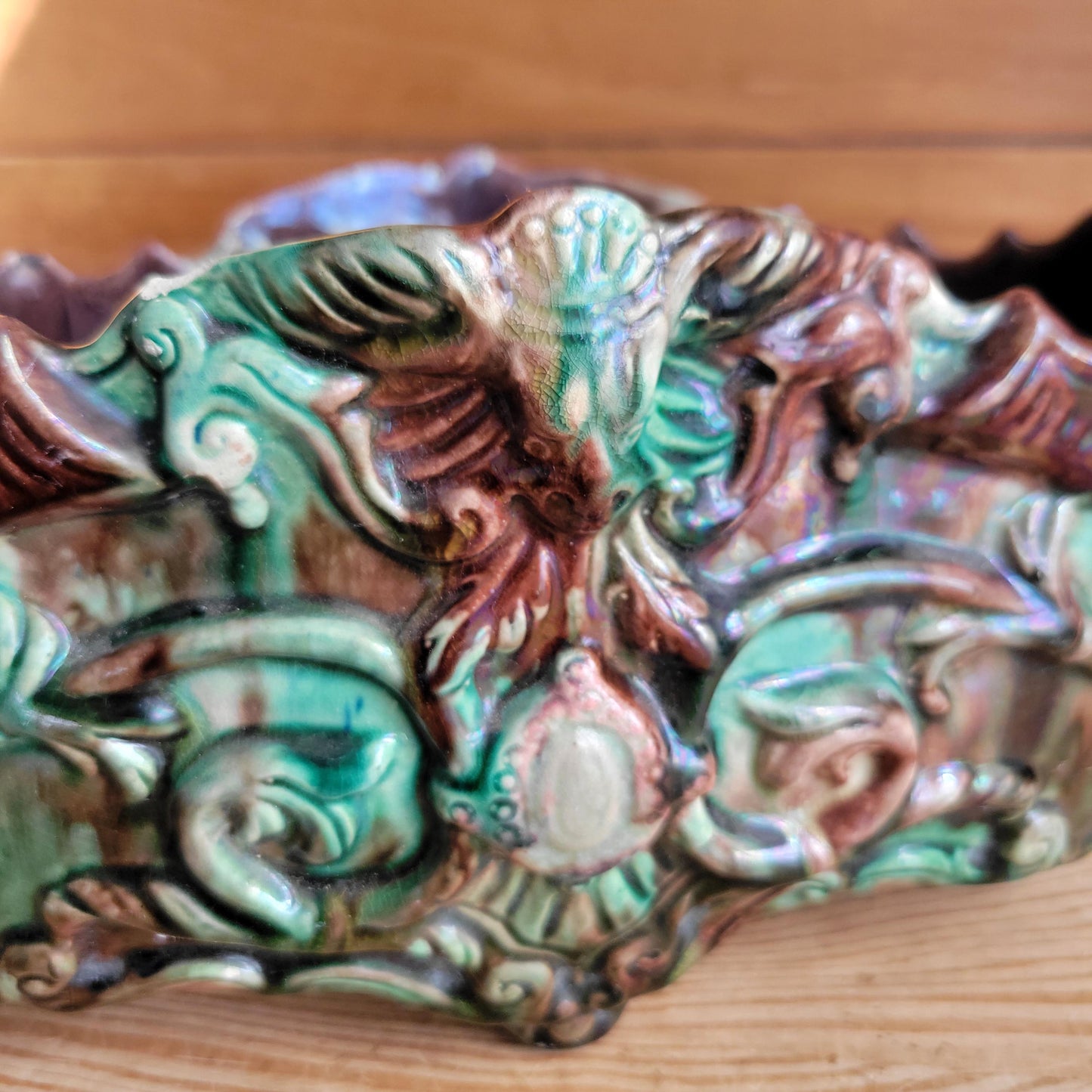Majolica Jardinière with Brown and Green Glaze and Figural Decoration, France c.1900