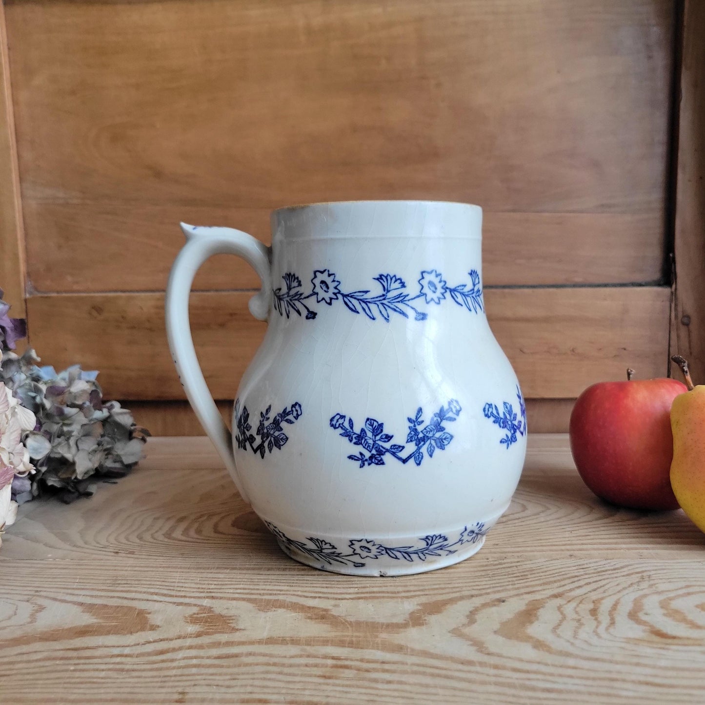 Antique St Uze Pitcher with Offset Handle, Dark Blue Floral Decoration, France c.1900