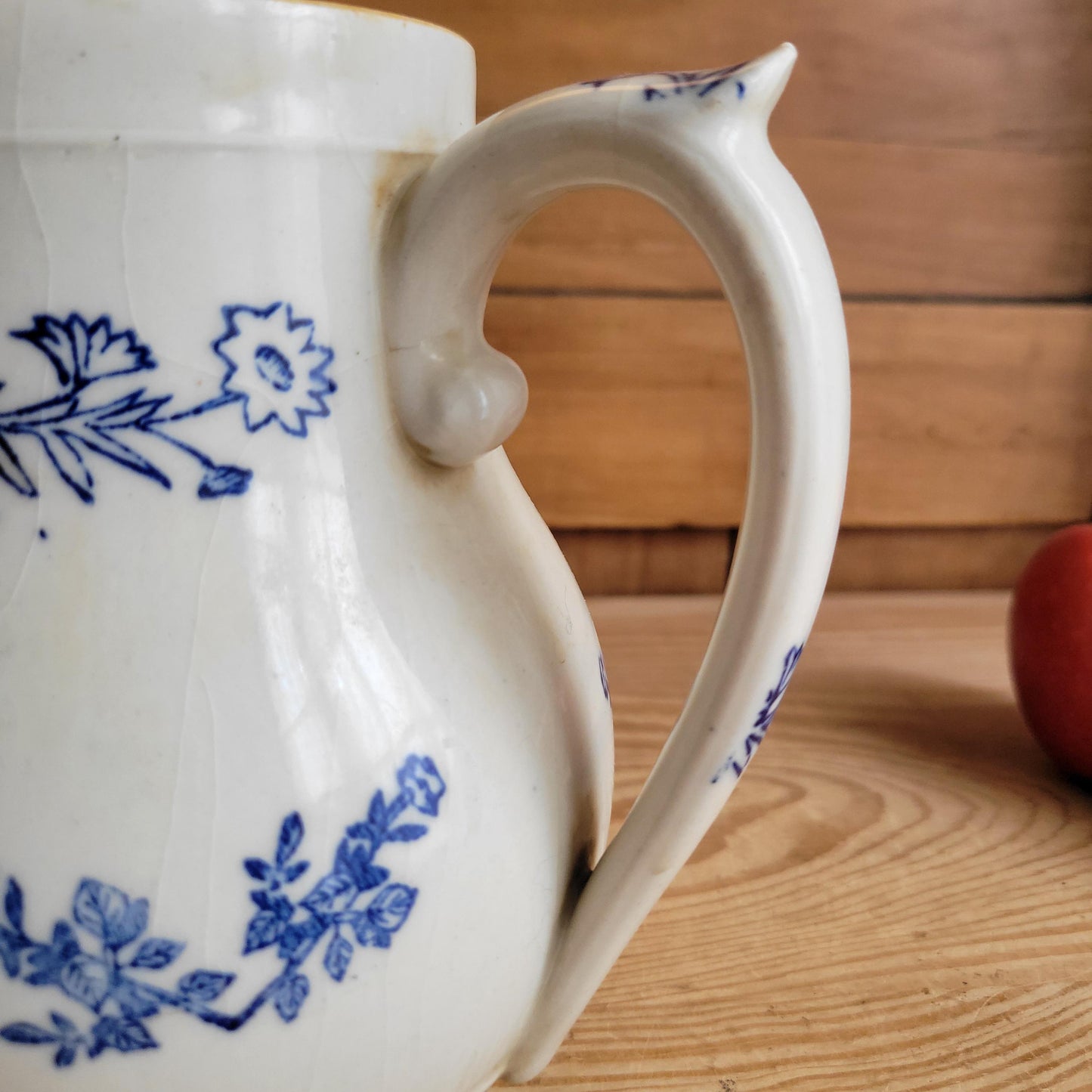 Antique St Uze Pitcher with Offset Handle, Dark Blue Floral Decoration, France c.1900