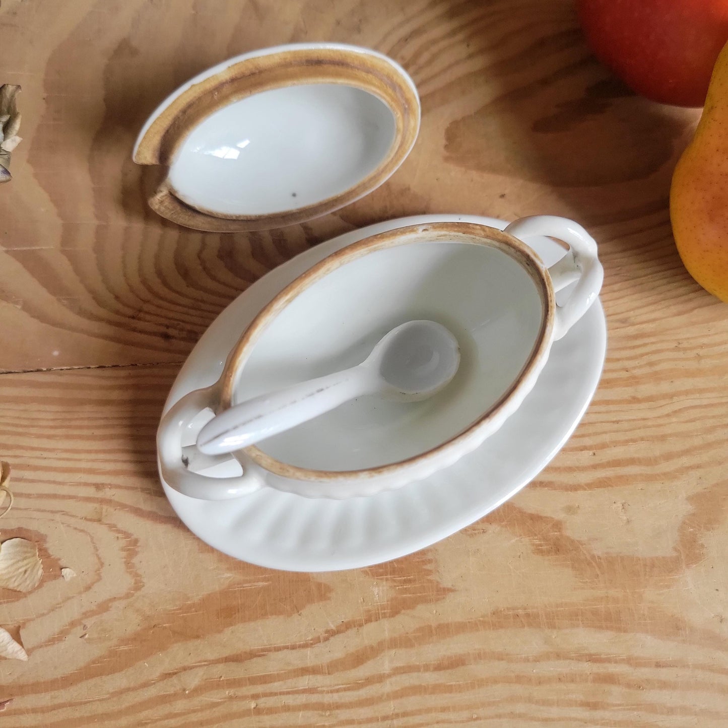 Small Porcelain Moutardier with Spoon, Fluted Design, France c.1920