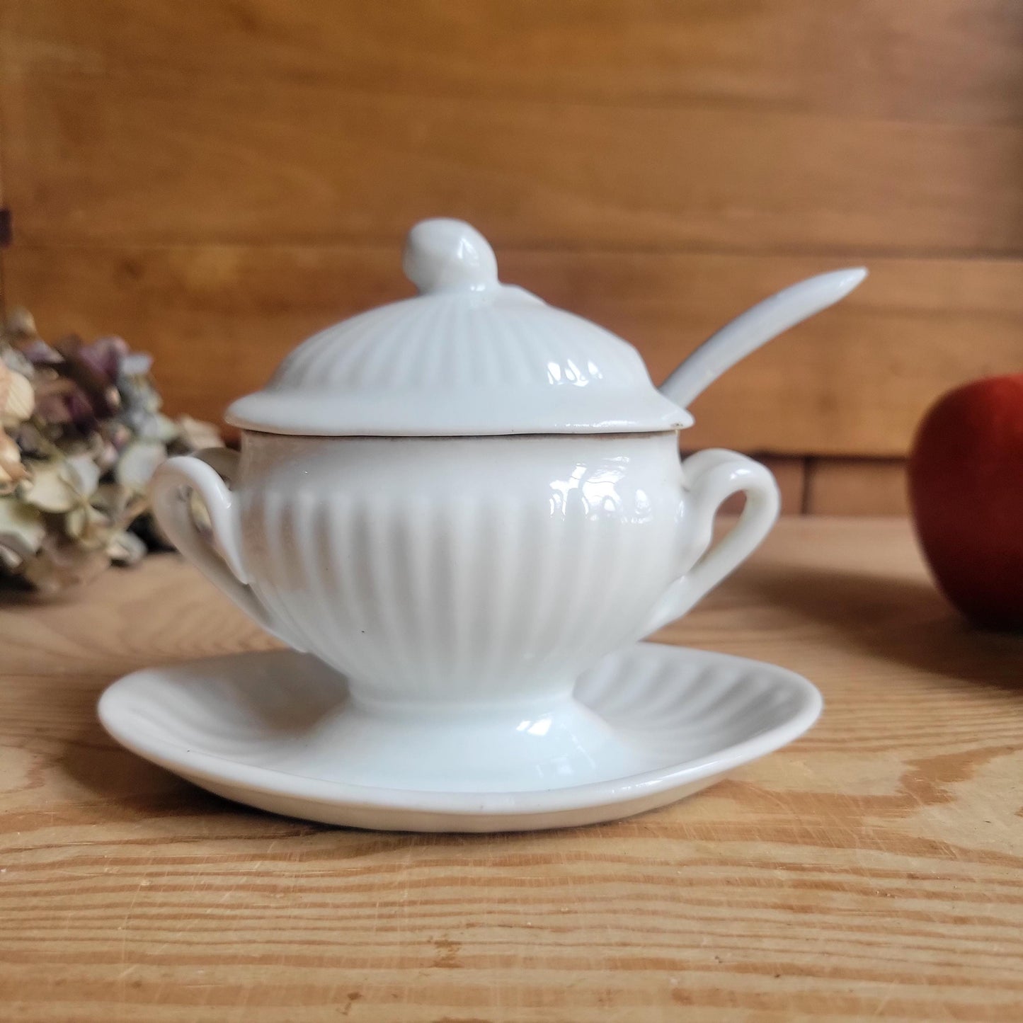 Small Porcelain Moutardier with Spoon, Fluted Design, France c.1920