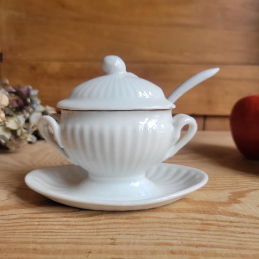 Small Porcelain Moutardier with Spoon, Fluted Design, France c.1920