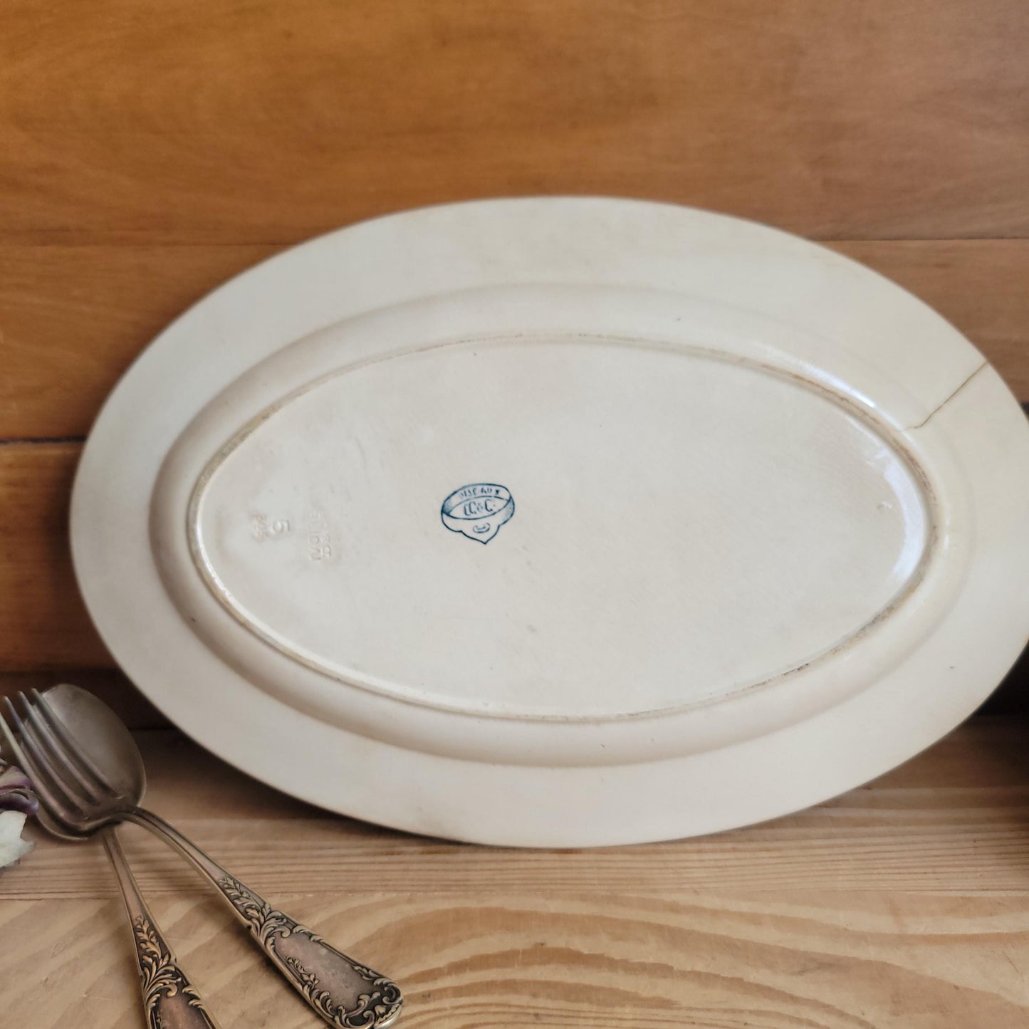 French Antique Sarreguemines ‘Oiseaux’ Oval Platter in Teal Blue Transferware, France 1880-1900