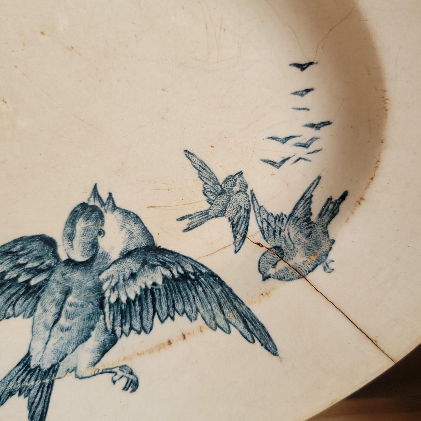 French Antique Sarreguemines ‘Oiseaux’ Oval Platter in Teal Blue Transferware, France 1880-1900