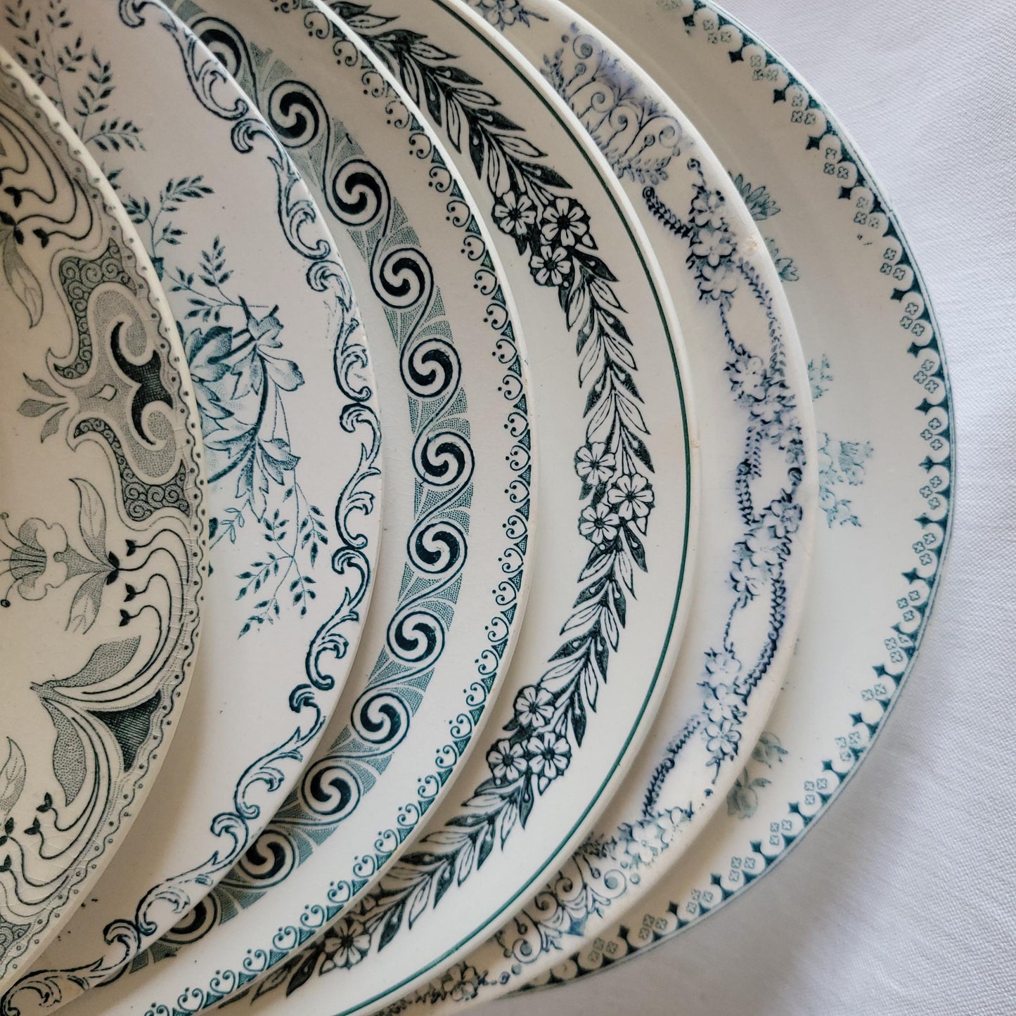 SET 6 mismatched antique green transferware dessert plates c 1880 - 1900