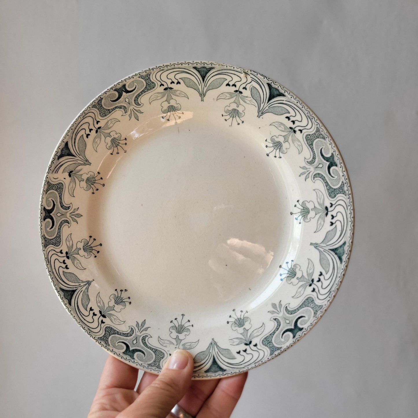 SET 6 mismatched antique green transferware dessert plates c 1880 - 1900