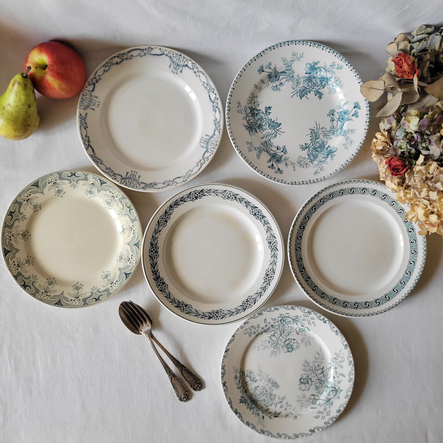 SET 6 mismatched antique green transferware dessert plates c 1880 - 1900