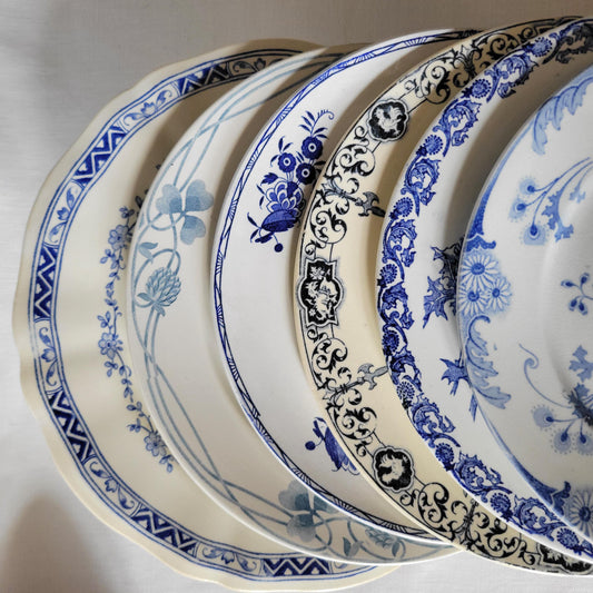 SET 6 mismatched antique French ironstone dinner plates, blue transferware Sarreguemines, Leon Graves, Luneville, Gien, 1880-1900