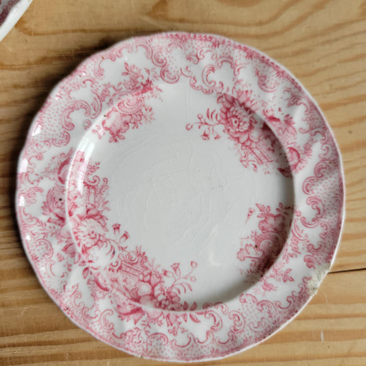 Antique French Dinette Set, 10 Plates and 2 Soupières, pink Transferware ‘Ashley’ by B&S