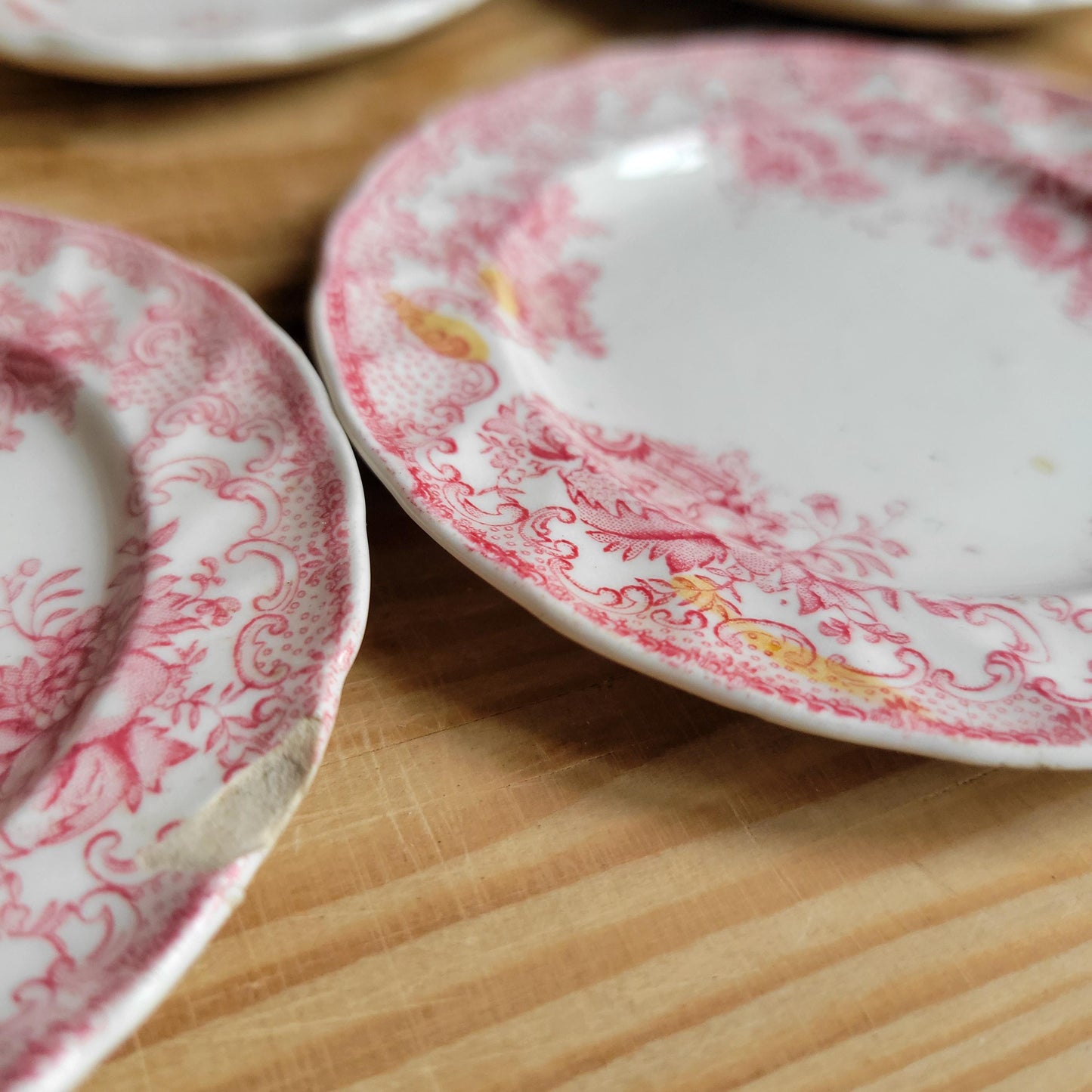 Antique French Dinette Set, 10 Plates and 2 Soupières, pink Transferware ‘Ashley’ by B&S