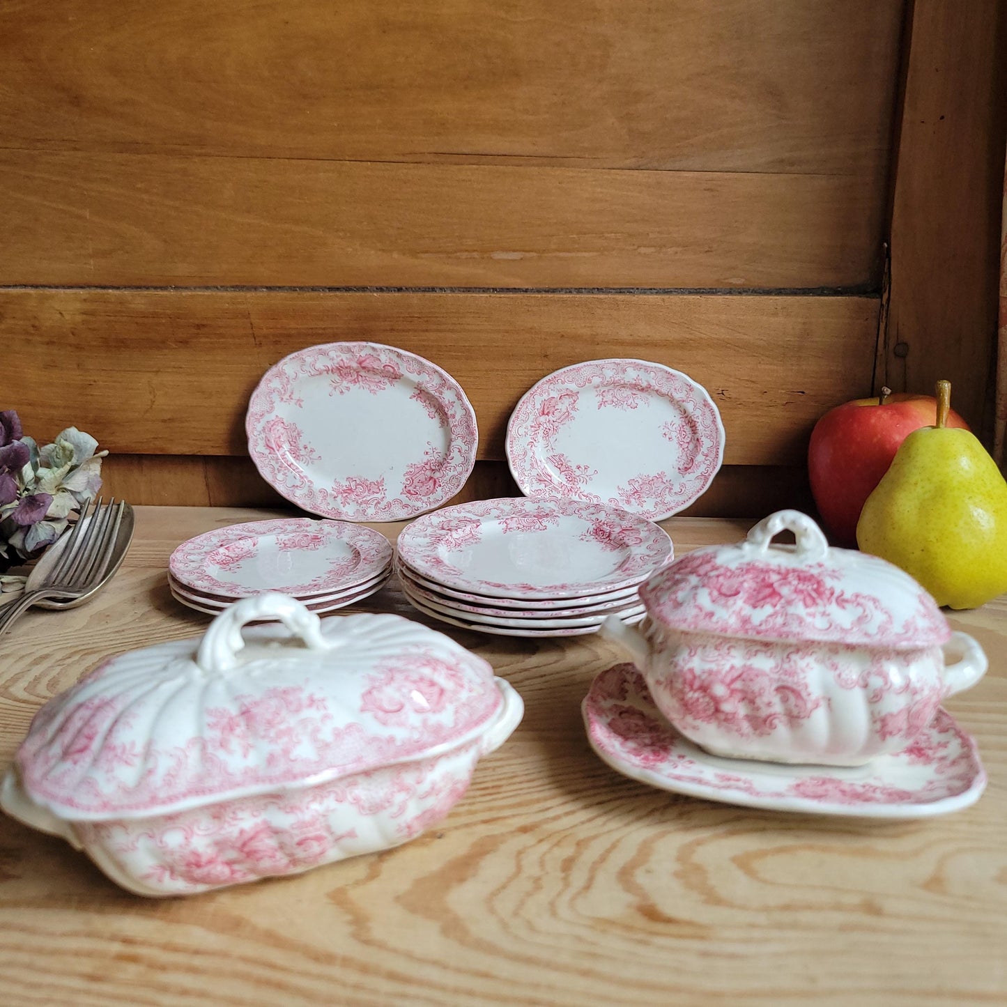 Antique French Dinette Set, 10 Plates and 2 Soupières, pink Transferware ‘Ashley’ by B&S