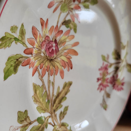 Antique Longchamp Dessert Plate with Polychrome Pink Floral Transferware, France c.1890