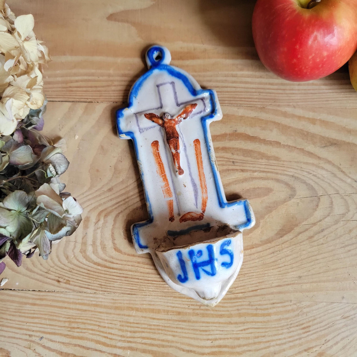 18th Century Ceramic Crucifix with rare intact font & 'JHS' Monogram, France or Southern Europe