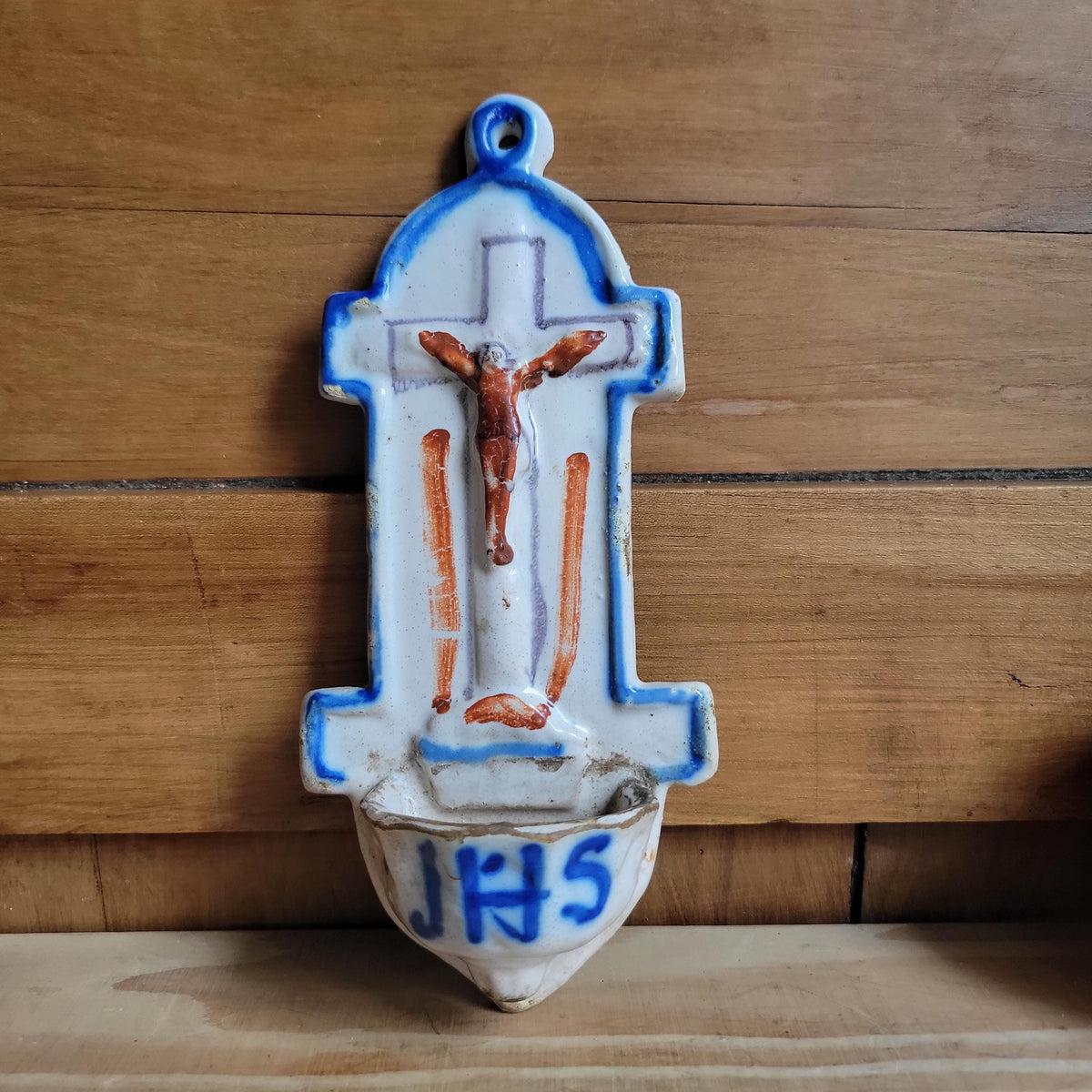 18th Century Ceramic Crucifix with rare intact font & 'JHS' Monogram, France or Southern Europe