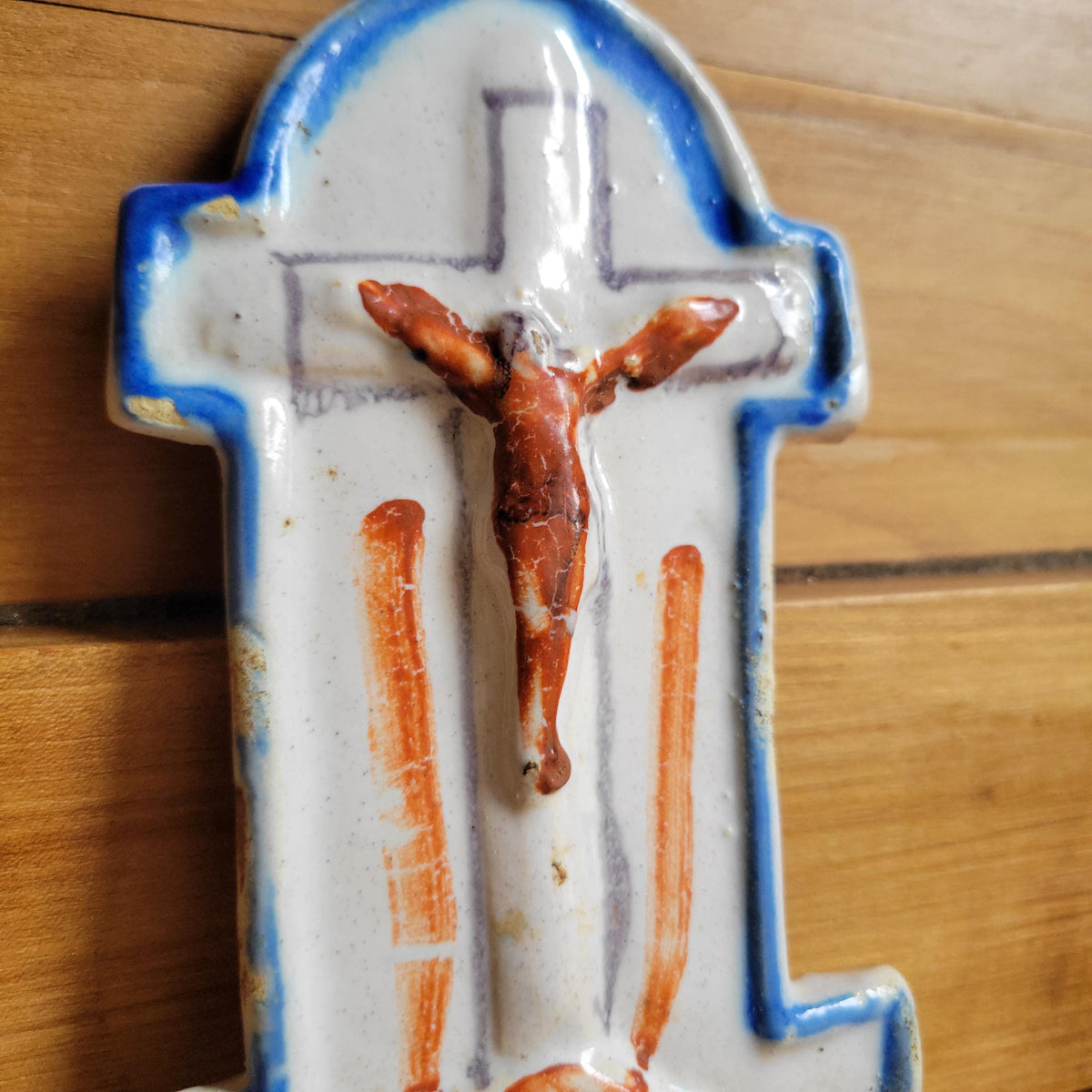 18th Century Ceramic Crucifix with rare intact font & 'JHS' Monogram, France or Southern Europe