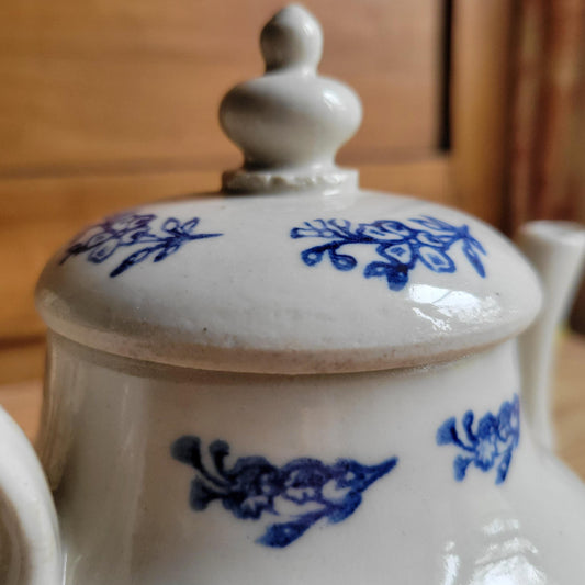 Antique St Uze Stoneware Teapot with Lid and Blue Floral Decoration, France c.1900