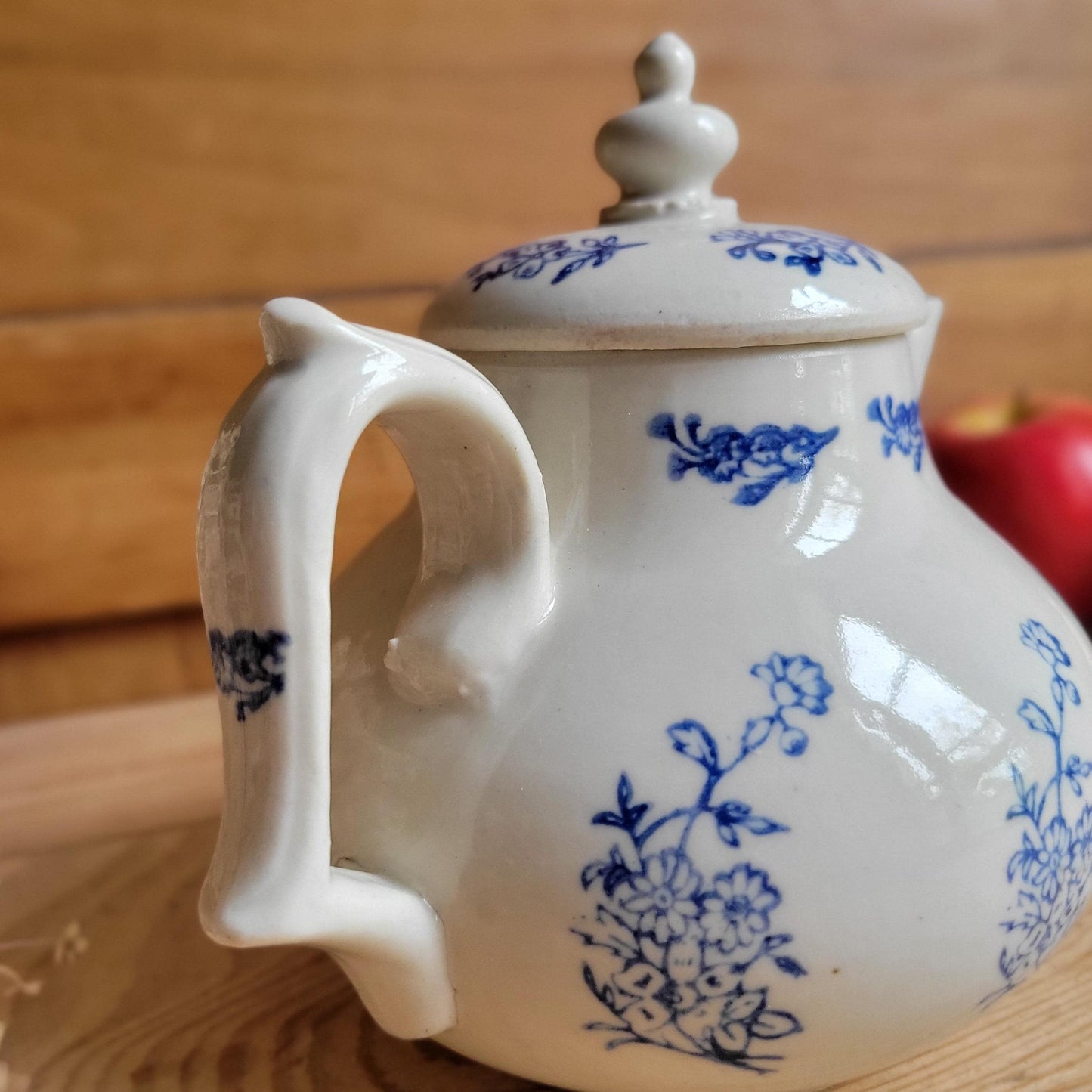 Antique St Uze Stoneware Teapot with Lid and Blue Floral Decoration, France c.1900