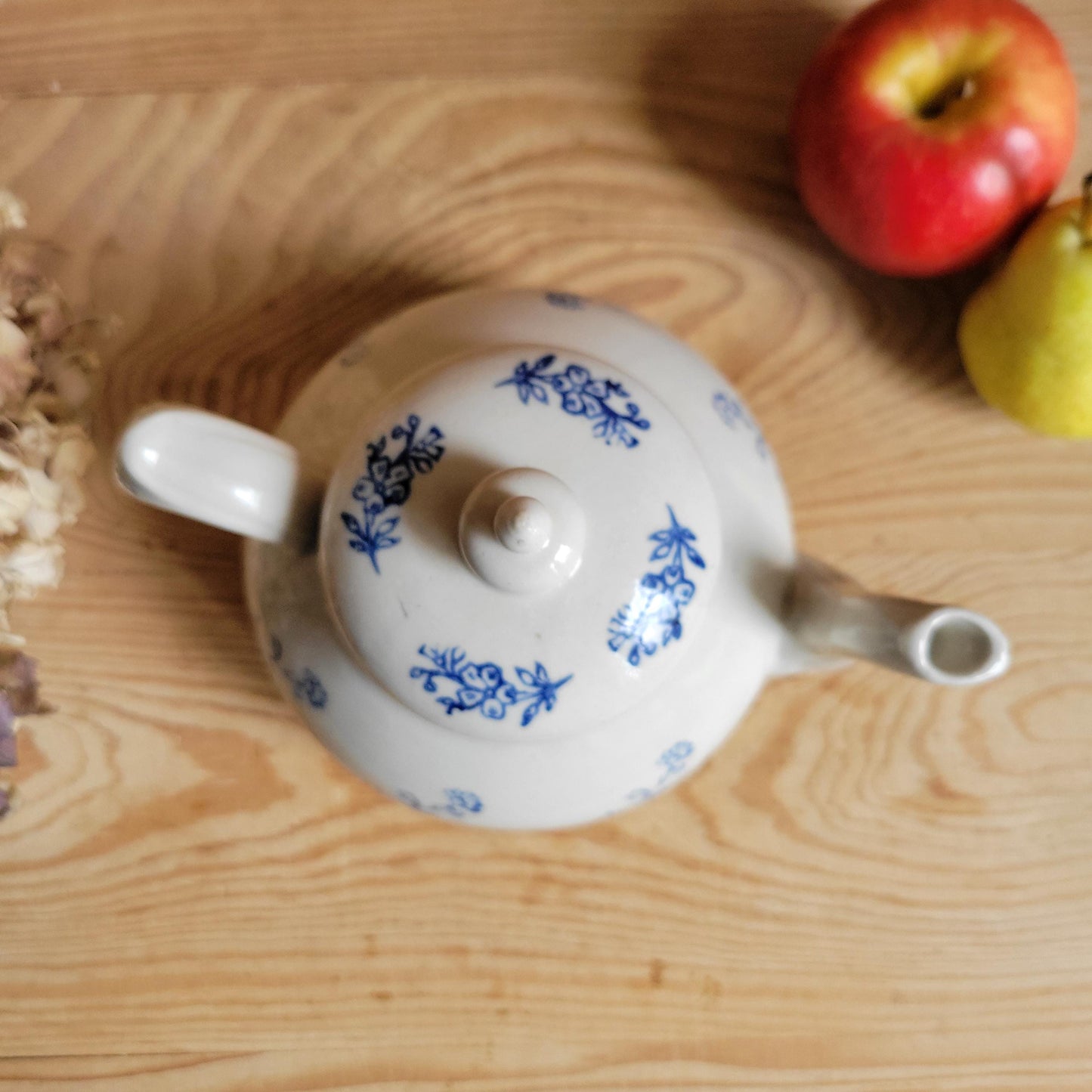Antique St Uze Stoneware Teapot with Lid and Blue Floral Decoration, France c.1900