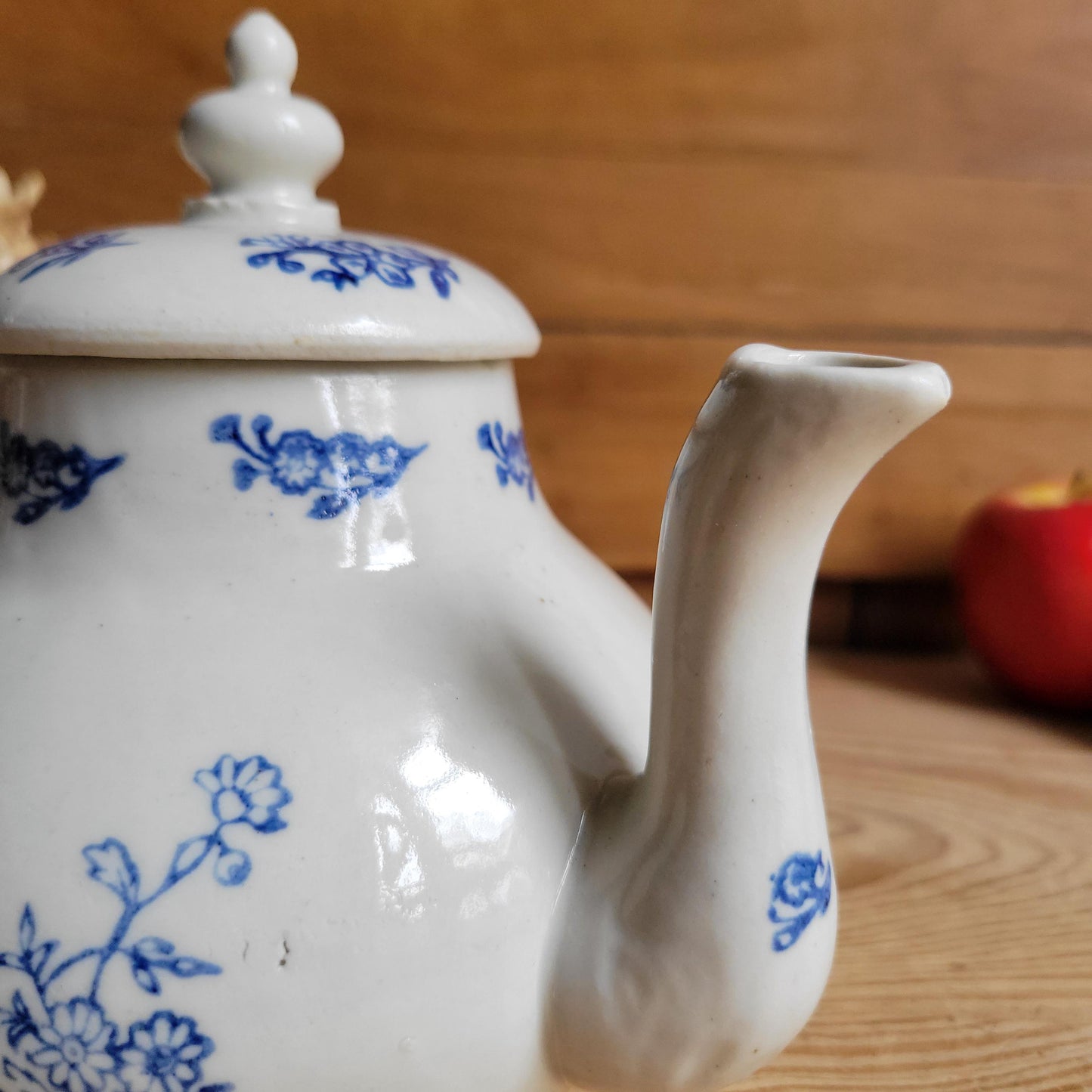 Antique St Uze Stoneware Teapot with Lid and Blue Floral Decoration, France c.1900