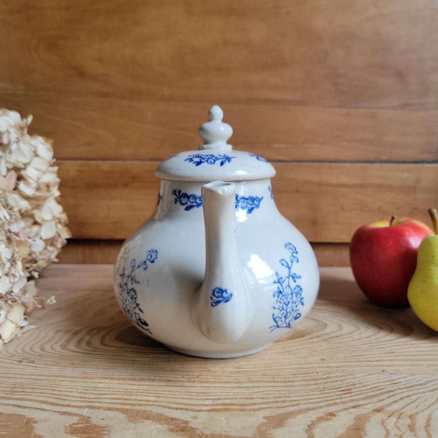 Antique St Uze Stoneware Teapot with Lid and Blue Floral Decoration, France c.1900
