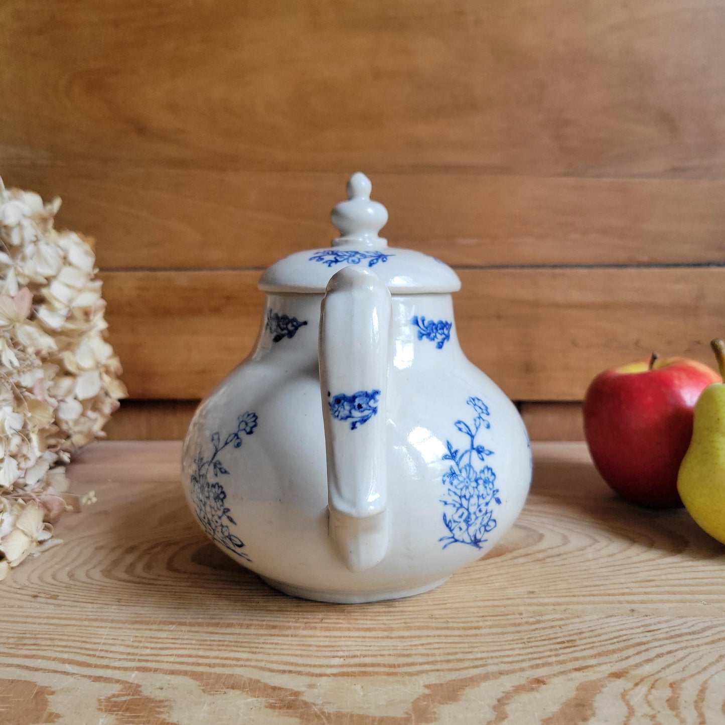 Antique St Uze Stoneware Teapot with Lid and Blue Floral Decoration, France c.1900