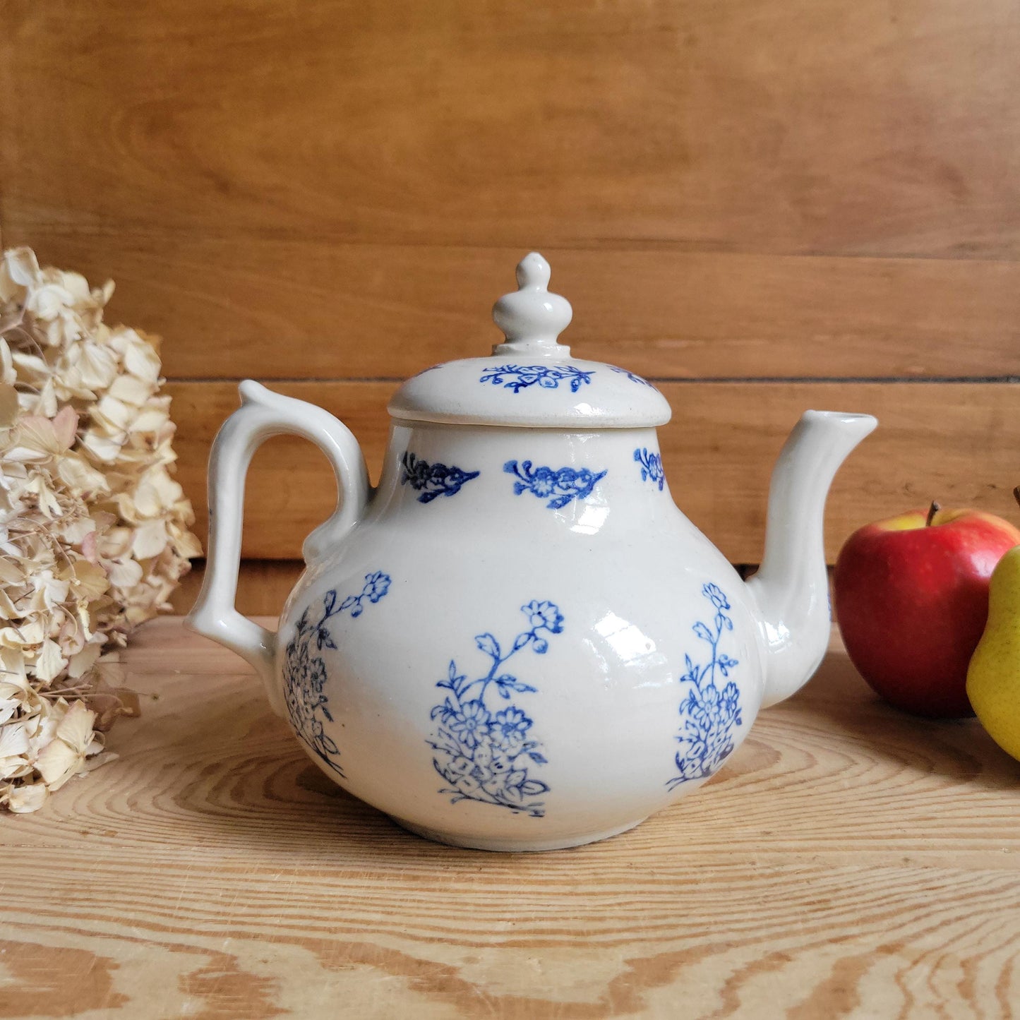 Antique St Uze Stoneware Teapot with Lid and Blue Floral Decoration, France c.1900