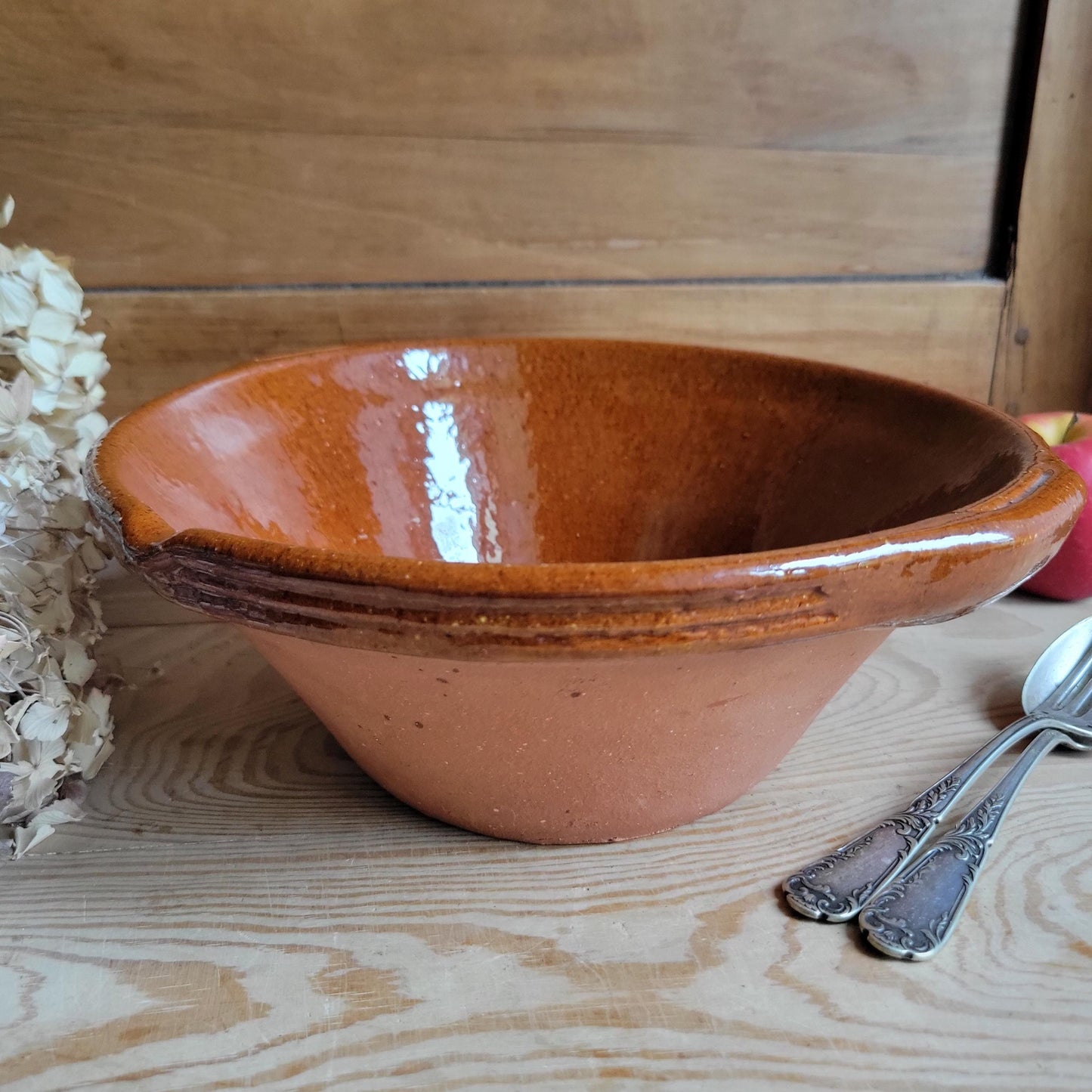 Vintage Terracotta Tian Bowl with Brown Glazed Rim and Handles, France