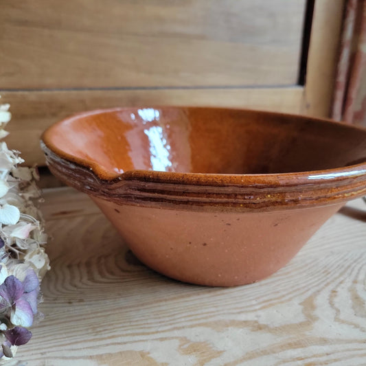Vintage Terracotta Tian Bowl with Brown Glazed Rim and Handles, France