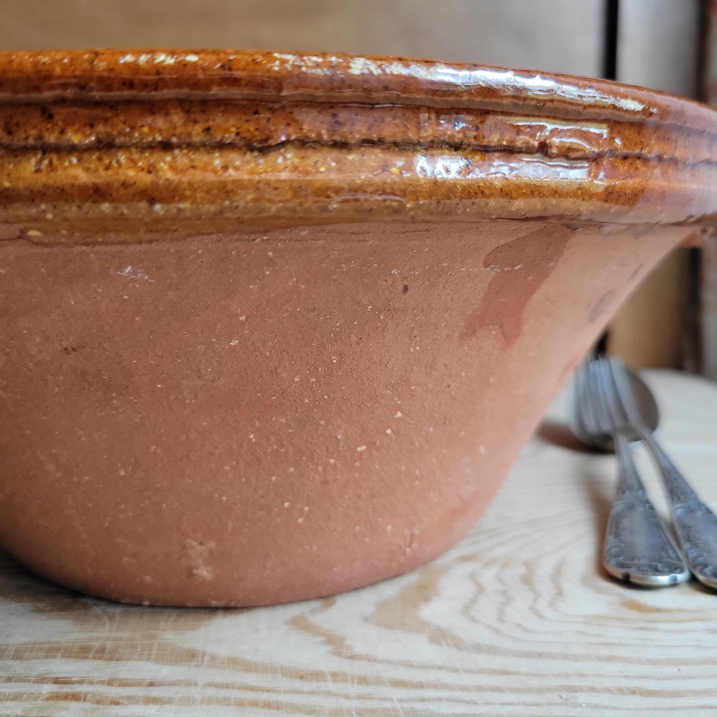 Vintage Terracotta Tian Bowl with Brown Glazed Rim and Handles, France