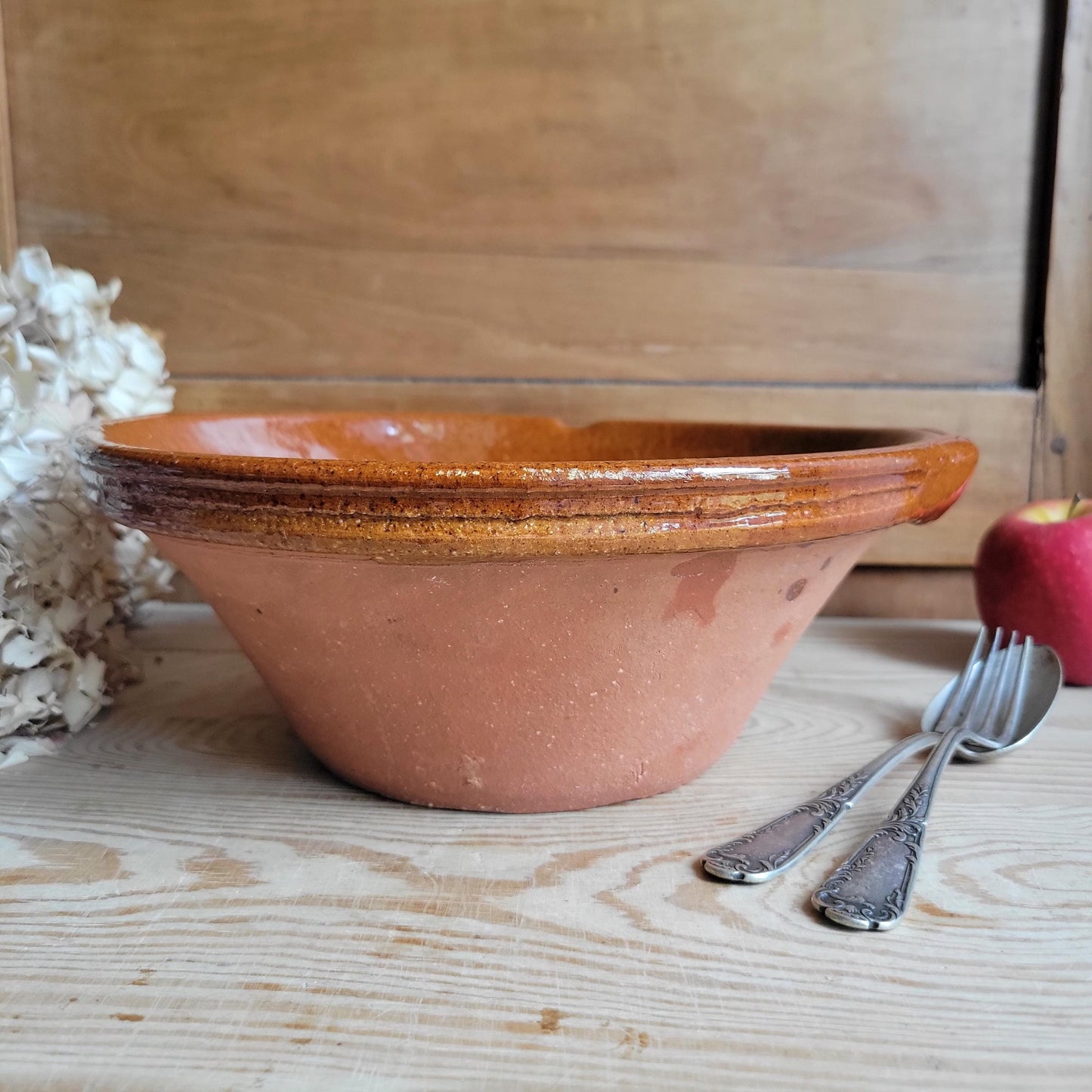 Vintage Terracotta Tian Bowl with Brown Glazed Rim and Handles, France
