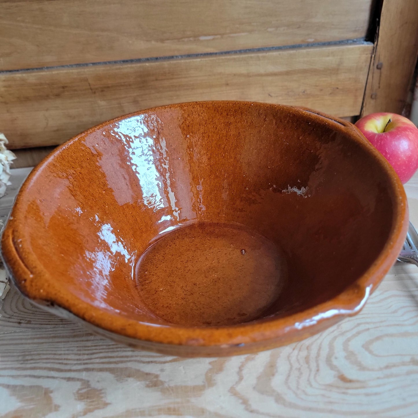 Vintage Terracotta Tian Bowl with Brown Glazed Rim and Handles, France
