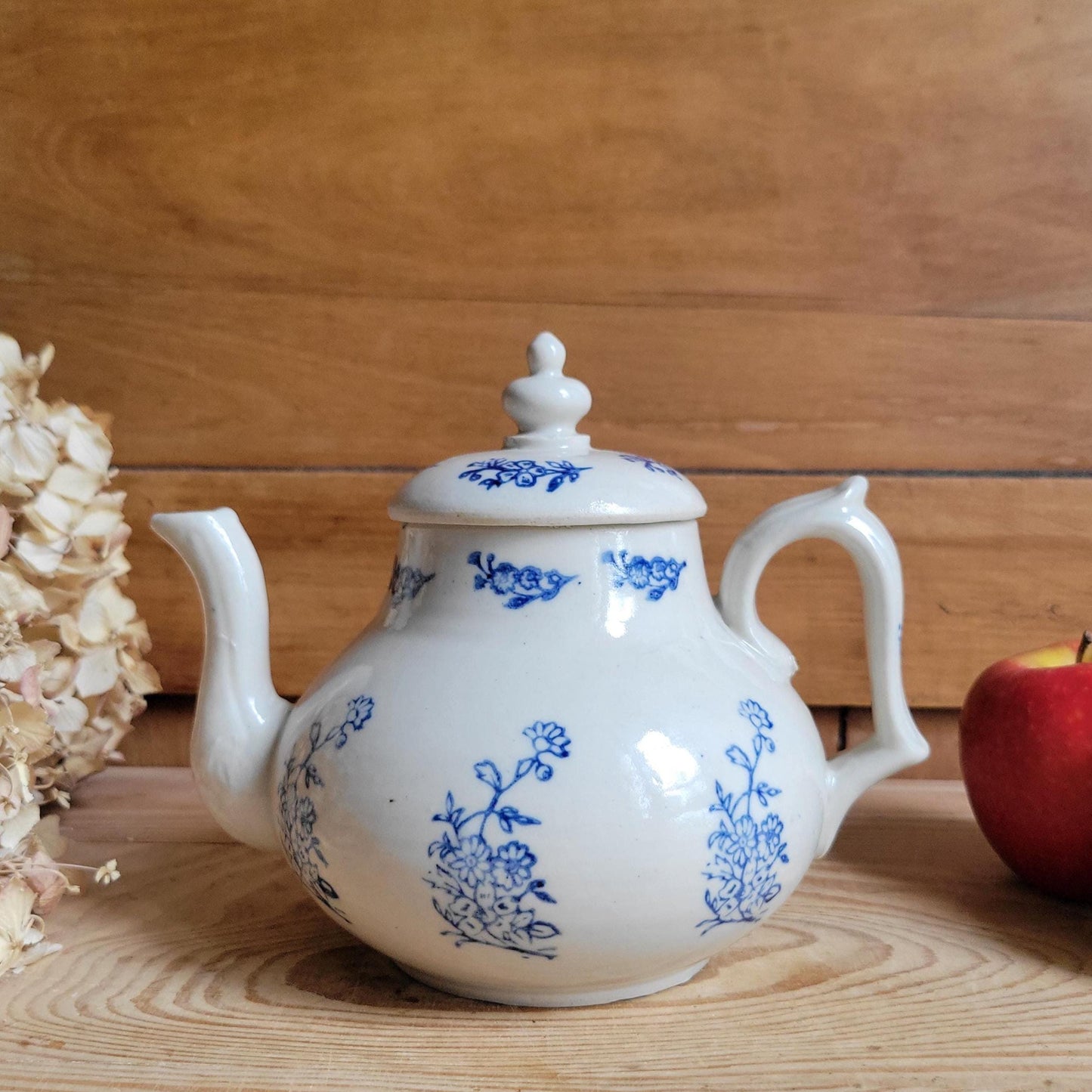 Antique St Uze Stoneware Teapot with Lid and Blue Floral Decoration, France c.1900