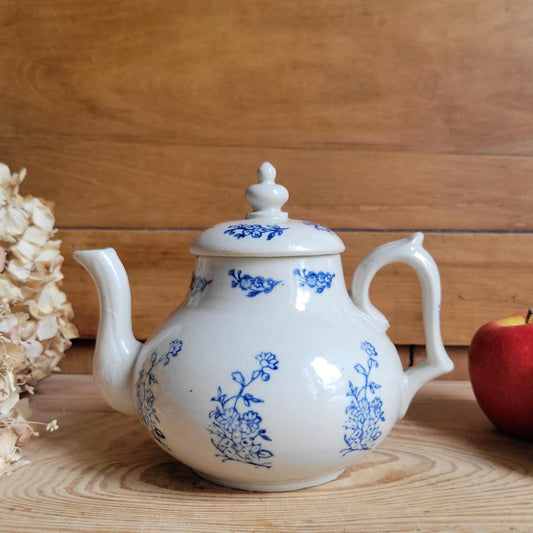 Antique St Uze Stoneware Teapot with Lid and Blue Floral Decoration, France c.1900