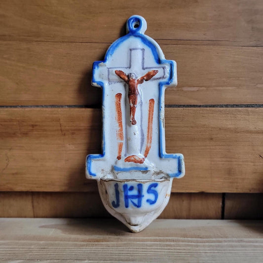 18th Century Ceramic Crucifix with rare intact font & 'JHS' Monogram, France or Southern Europe