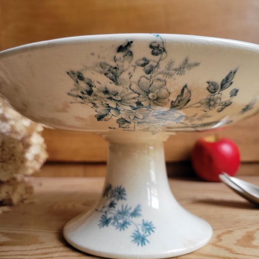 Elegant Longwy Compotier ‘Mignon’ with beautiful patina, Birds, Blue Green Transferware, France c.1880