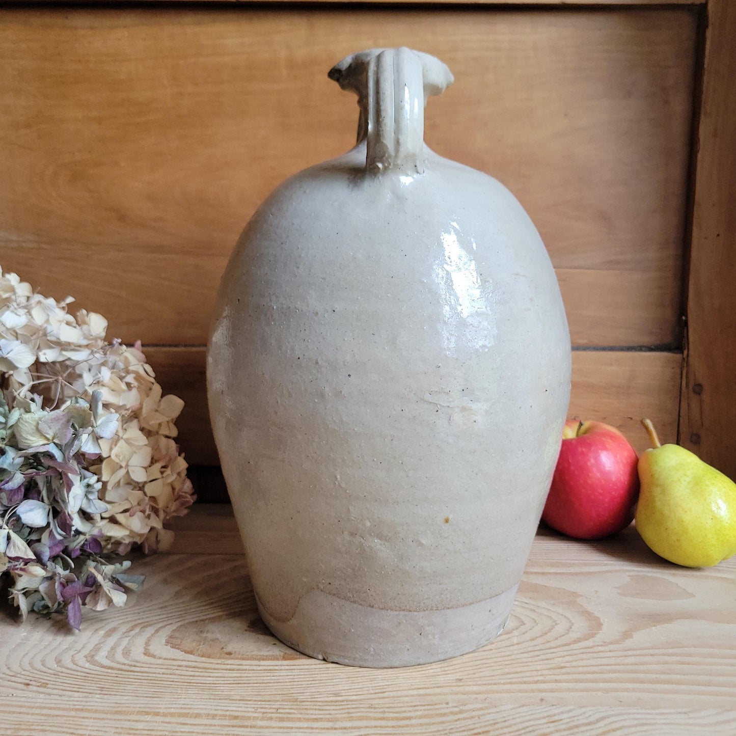 Tall Antique French Oil Jug with Twin Handles at Spout, Ecru Stoneware, La Borne c.1900