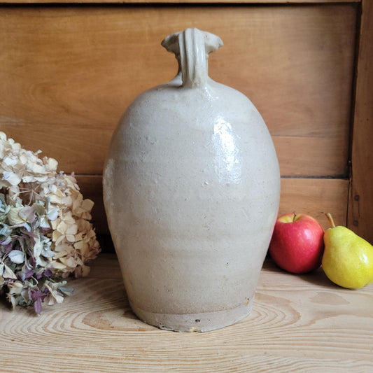 Tall Antique French Oil Jug with Twin Handles at Spout, Ecru Stoneware, La Borne c.1900