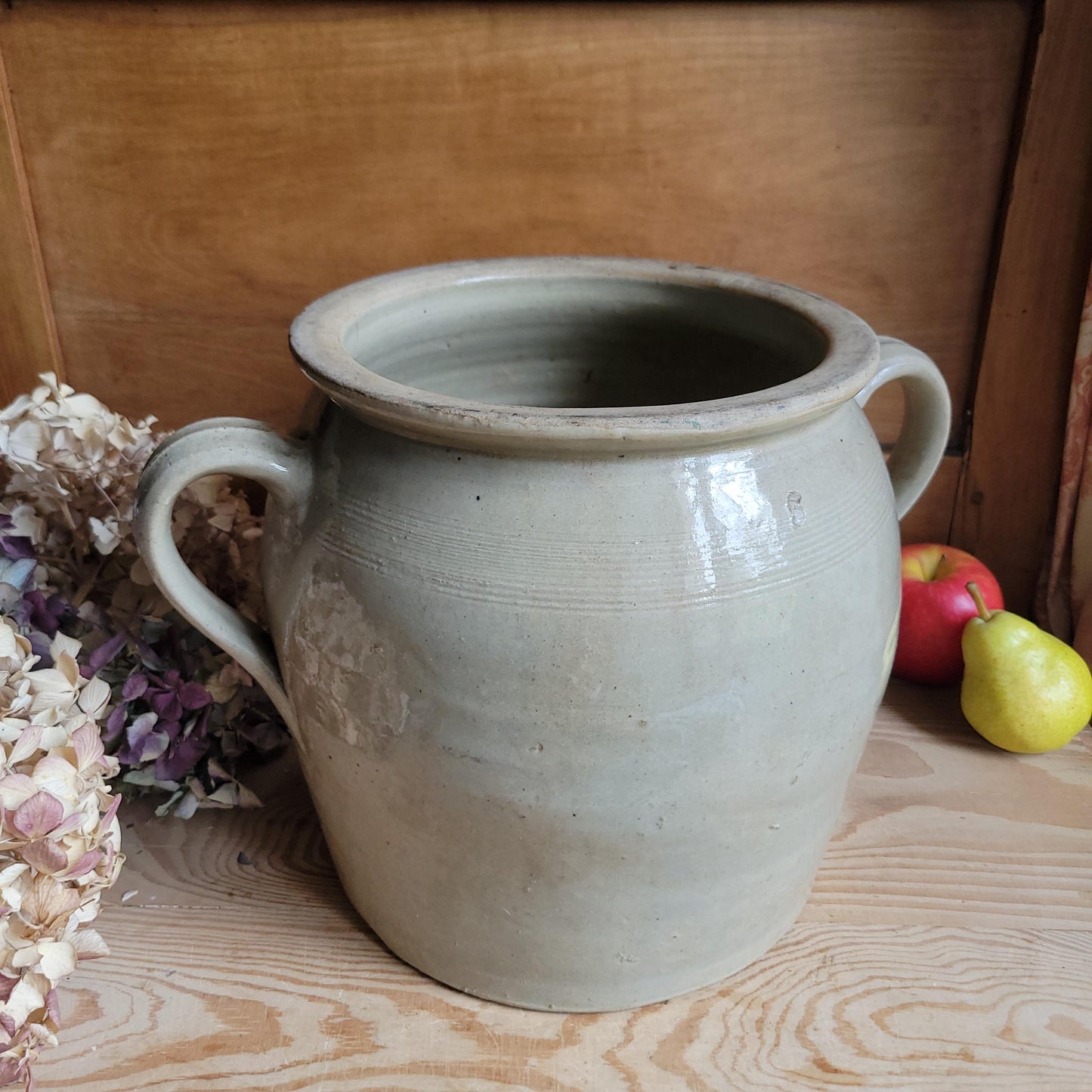 Very Large Antique Ecru Confit Pot with Loop Handles and Kiln ‘Birthmark’, France c.1900