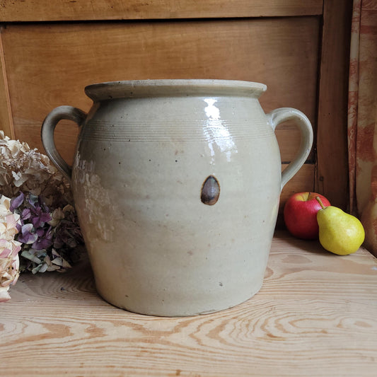 Very Large Antique Ecru Confit Pot with Loop Handles and Kiln ‘Birthmark’, France c.1900