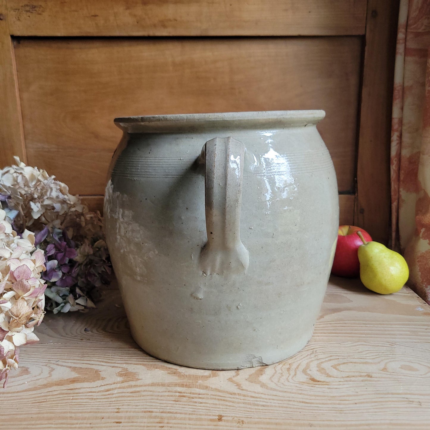 Very Large Antique Ecru Confit Pot with Loop Handles and Kiln ‘Birthmark’, France c.1900