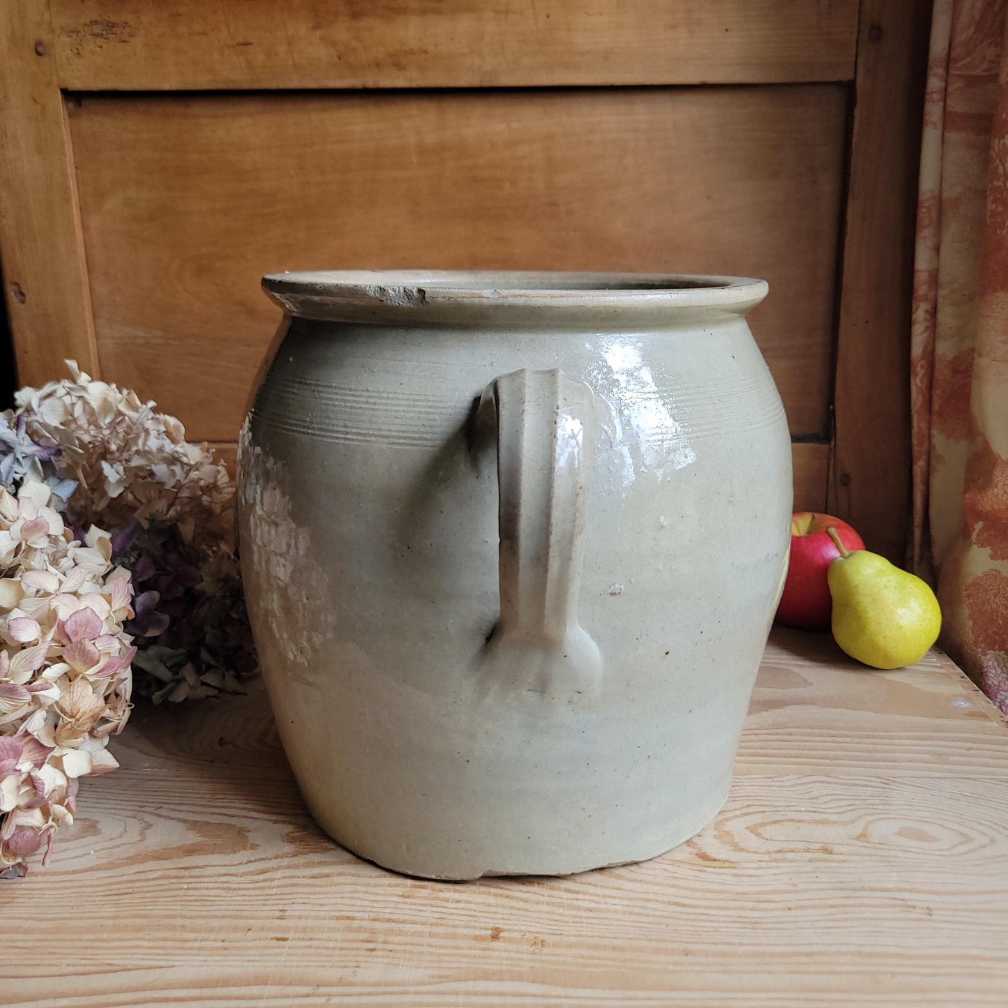 Very Large Antique Ecru Confit Pot with Loop Handles and Kiln ‘Birthmark’, France c.1900