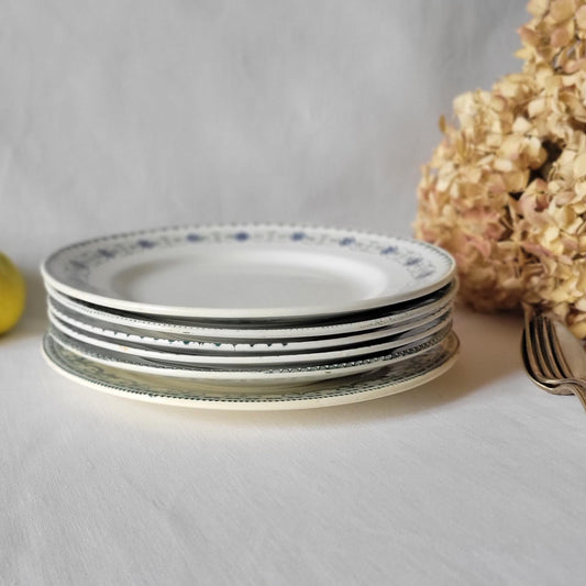 Set 6 mismatched antique dinner plates green palette, farmhouse cottage decor France, from Salins, Sarreguemines c1900