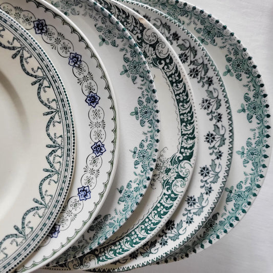 Set 6 mismatched antique dinner plates green palette, farmhouse cottage decor France, from Salins, Sarreguemines c1900